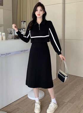 大码微胖假两件领连衣裙女春秋季显瘦遮肚裙子胖藏肉字裙