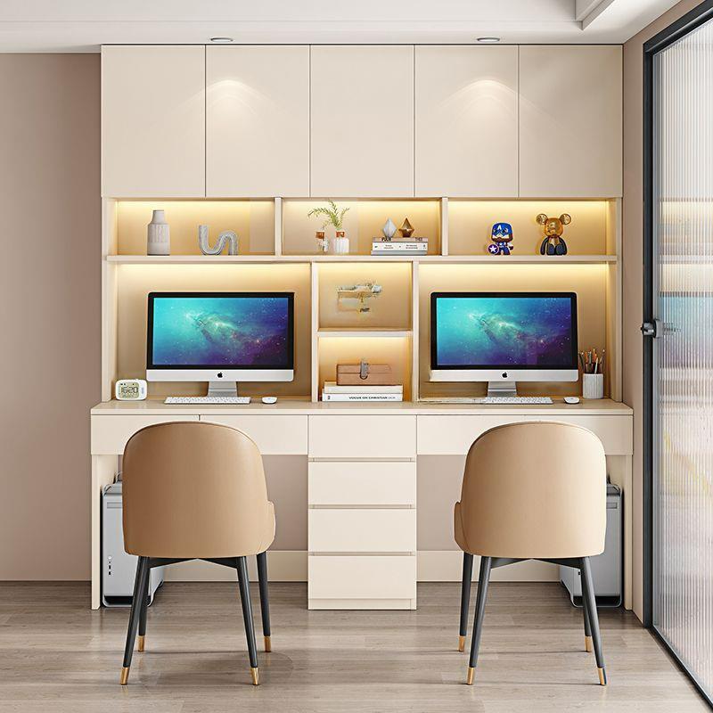 实木双人书桌电脑桌家用台式学生写字桌卧室轻奢书架一体学习桌子