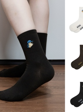 卡通小狗中筒袜女棉袜ins风潮流显瘦复古穿搭可爱印花刺绣百搭