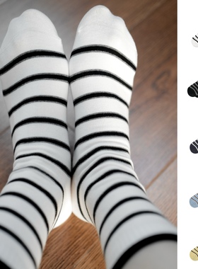 BigSocks撞色条纹无骨棉袜中筒袜四季春秋舒适透气复古韩系美少女
