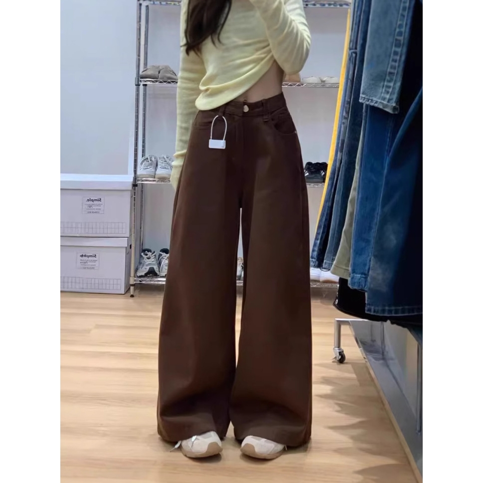 咖啡色阔腿牛仔裤女小个子直筒裤高腰宽松垂感显瘦休闲百搭拖地裤