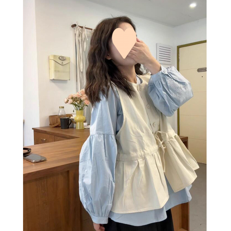 甜美风套装女减龄蝴蝶结系带圆领马甲衬衣叠穿长袖衬衫两件套女潮