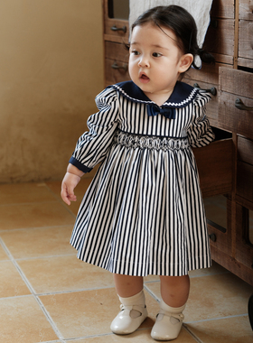 three sailors女宝海军风条纹连衣裙A类纯棉里布可爱手工打揽裙秋