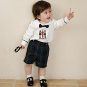 格子短裤 three 衬衣 绣花长袖 英伦秋 sailors男童生日礼服两件套装