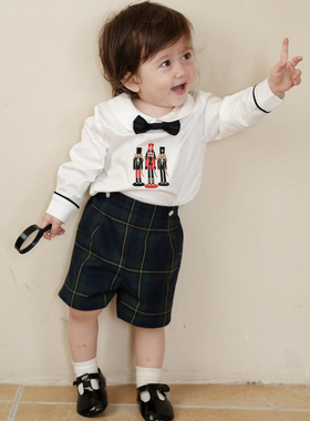 three sailors男童生日礼服两件套装绣花长袖衬衣+格子短裤英伦秋