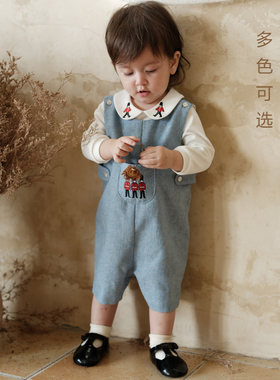 three sailors男童羊毛背心连体裤休闲英伦秋冬男童士兵绣花裤冬
