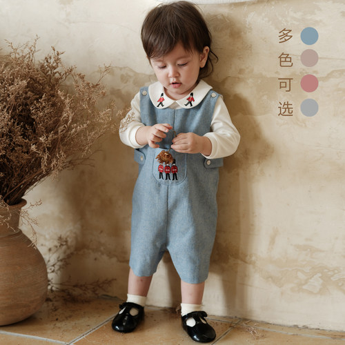 three sailors男童羊毛背心连体裤休闲英伦秋冬男童士兵绣花裤冬