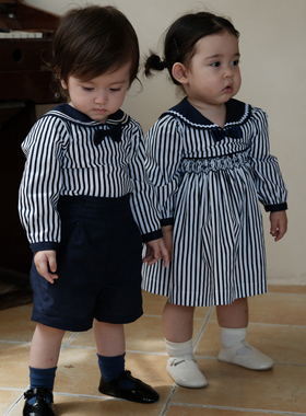 three sailors男童学院风经典条纹海军风衬衣+短裤两件套套装秋季