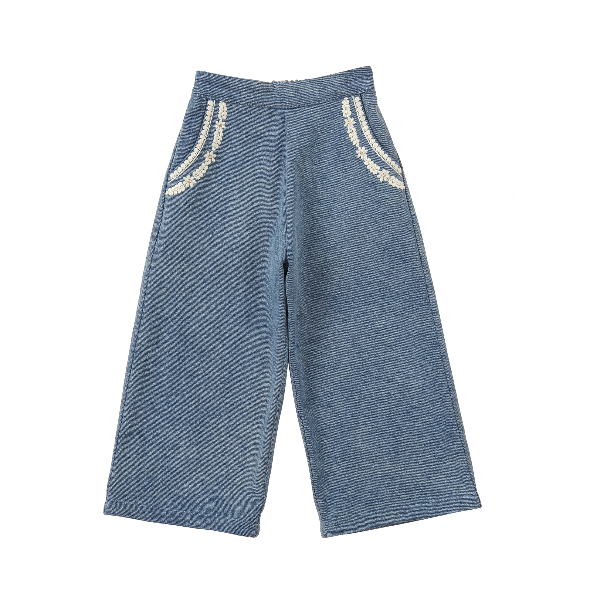 three sailors女童洗水牛仔长裤绣花口袋加厚直筒宽松休闲裤子秋