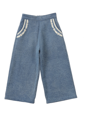 three sailors女童洗水牛仔长裤绣花口袋加厚直筒宽松休闲裤子秋