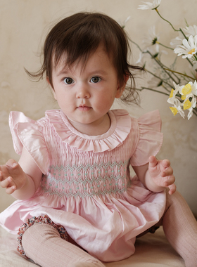 three sailors薄款女宝爬服英伦夏季粉色短袖高端童装打揽连体衣