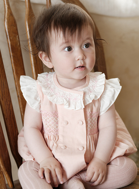 three sailors高端手工打揽童装英伦姐弟装女宝爬服夏季短袖连体