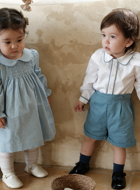 three sailors男童周岁礼服纯棉长袖衬衣+短裤英伦帅气两件套装秋