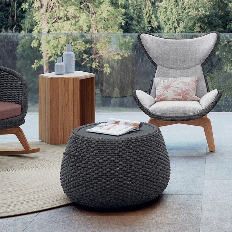 户外藤编茶几圆形移动柚木岩板边几民宿阳台编织圆几阳台桌子角几