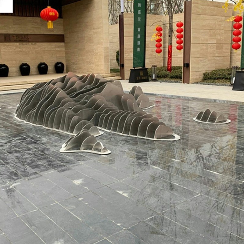 不锈钢假山雕塑线条造型水景网格现代简约切片状几何镜面金属