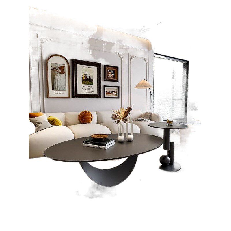 纯黑岩板椭圆形茶几轻奢现代简约小户型异形茶几客厅家用组合极简