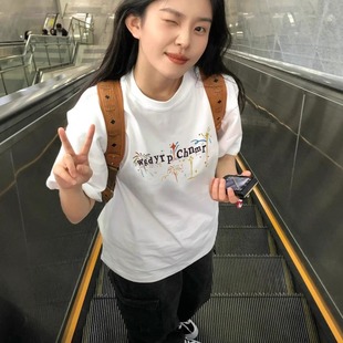 学院风纯棉半袖 白色正肩短袖 宽松百搭韩版 t恤女2025夏季 上衣 新款