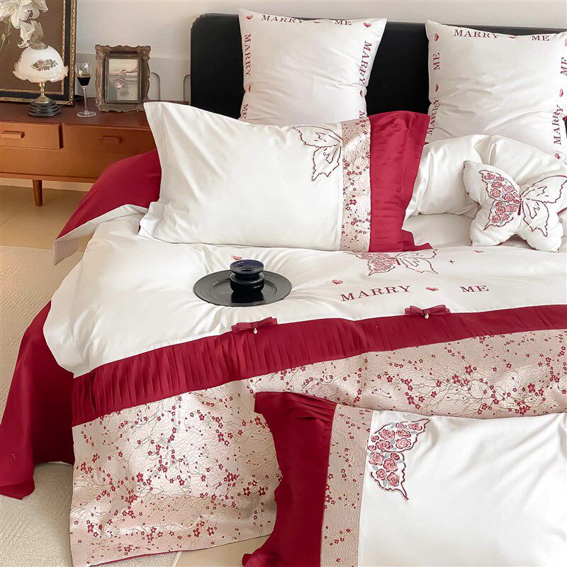法式浪漫婚庆100支长绒棉四B件套全棉红色刺绣款结婚床上用品,床上用品,婚庆床品套件,淘宝优惠券,粉丝福利购,淘宝优惠卷