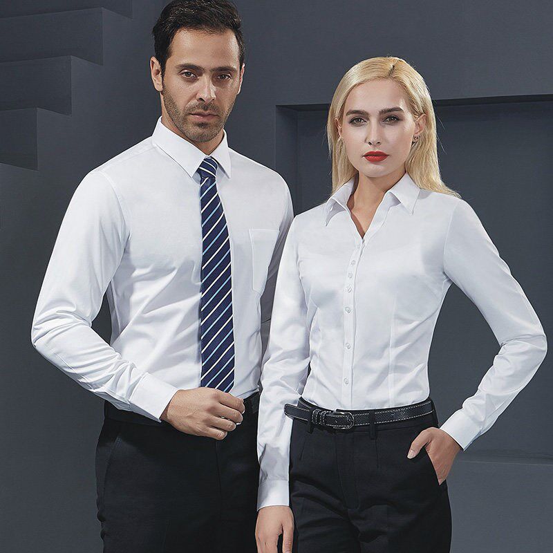 60棉男士商务正装白衬衫女士长袖衬衣春秋装职R业装酒店物业工作
