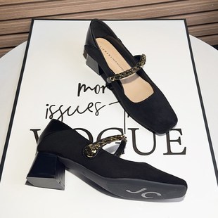 黑色浅口粗跟方头工作通勤单鞋x女2024年新款秋冬一字带职业高跟