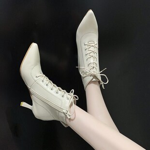 尖头皮面高跟短靴女2020年新款高跟鞋秋冬细跟加绒瘦瘦.靴保暖皮