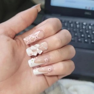 Pressr Pink Design Flower with 24Pcs Pearl Bow Nails