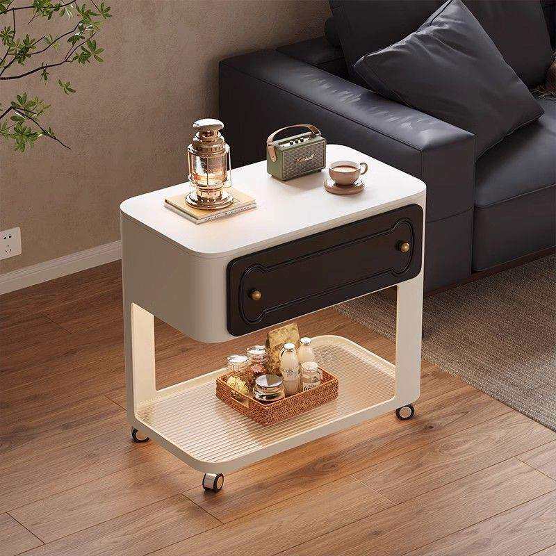 轻奢意式沙发边几可移动带轮奶油风创意客厅岩板床头柜现代高级感