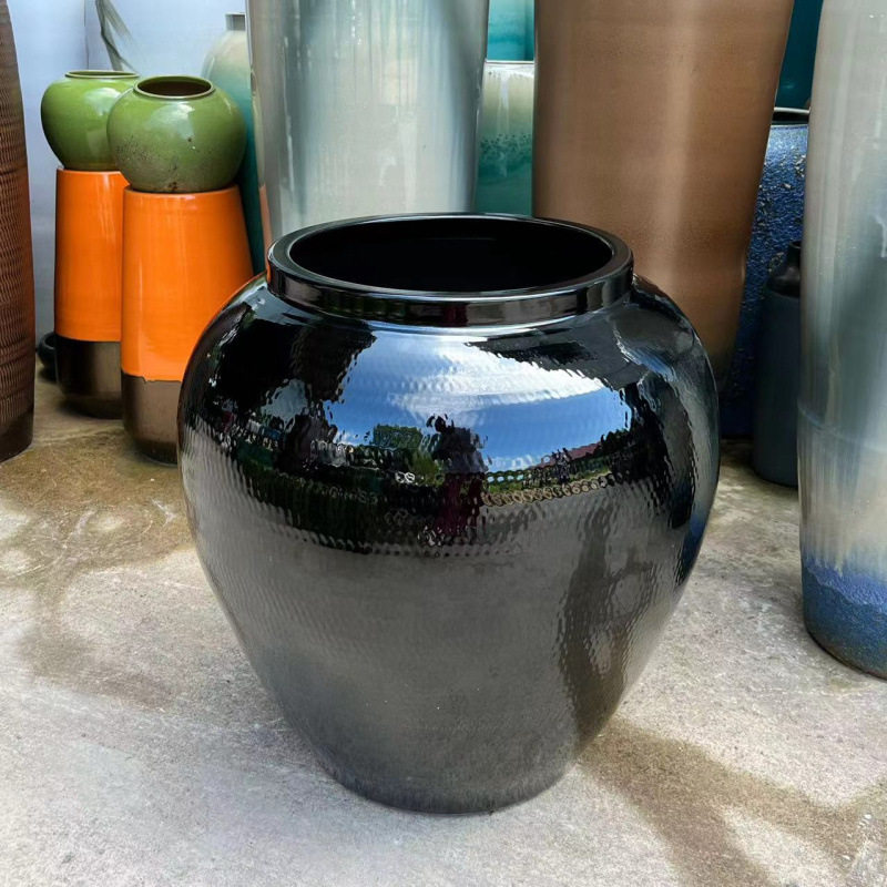 黑色大缸落地陶瓷罐酒店大厅插花瓶景观流水坛子餐厅庭院别墅摆件