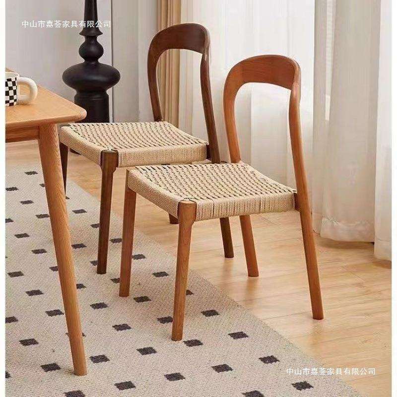 日式实木家用绳编餐椅简约靠背设计师北欧靠背椅复古休闲编织VSa