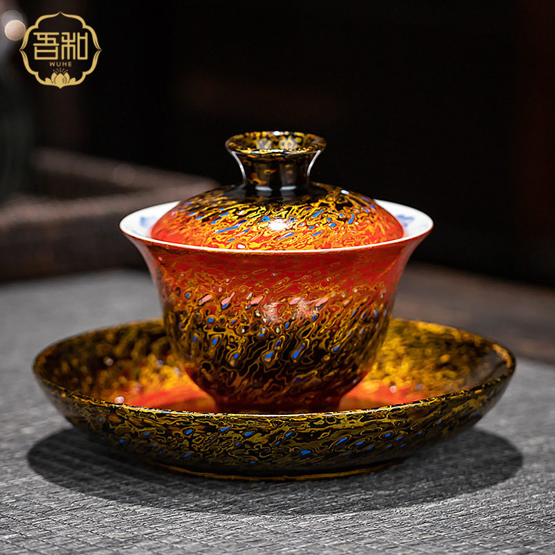 素缘漆器茶具福州大漆渐变红螺钿大容量不烫手三才盖碗手绘泡茶碗