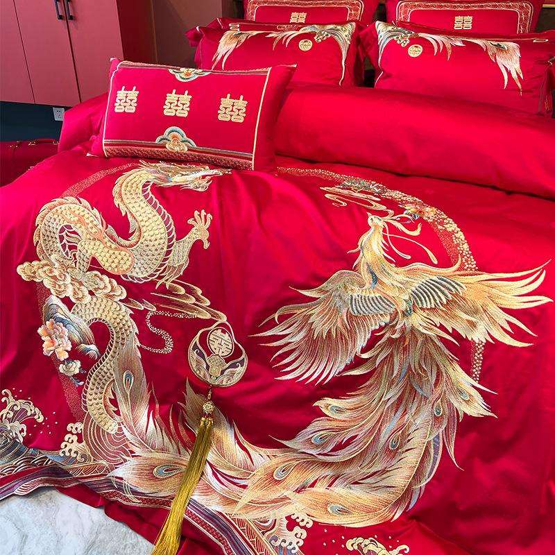 结婚礼重工龙凤刺绣全棉四件套纯棉被套床盖婚庆陪嫁床上用品