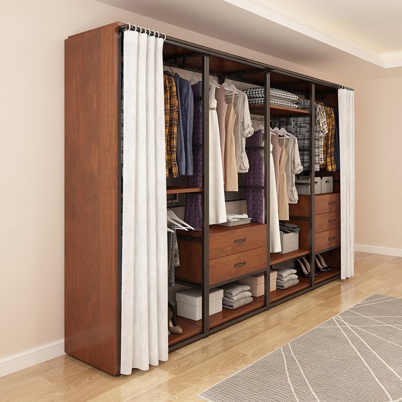 步入落地架子卧室金属铁艺衣橱轻奢挂衣架开放式衣帽间钢木衣柜子