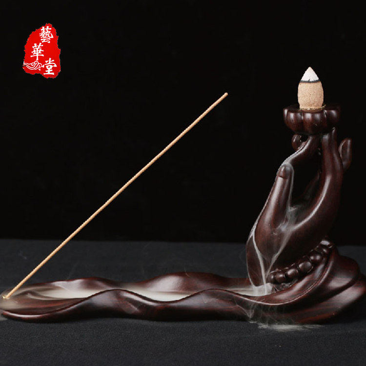 实木雕刻黑檀倒流香熏炉佛手木雕微景观工艺品办公家居摆件批发