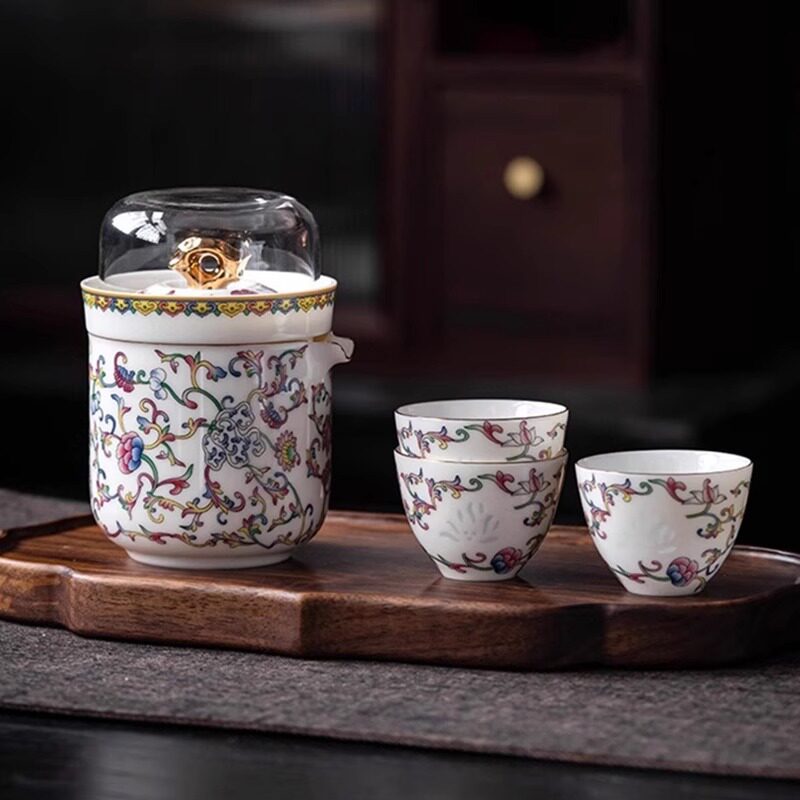 描金缠枝莲玉瓷玲珑快客杯户外便携式旅行茶具套装车载旅游泡茶器
