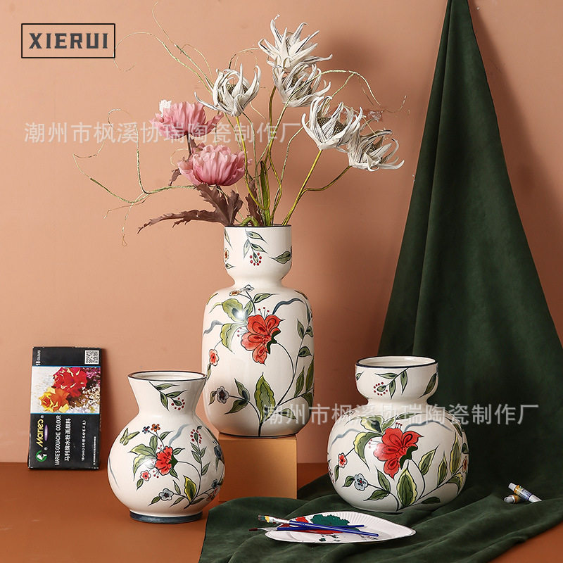 北欧艺术手绘陶瓷花瓶现代轻奢欧美花器客厅样板间家居摆件装饰品