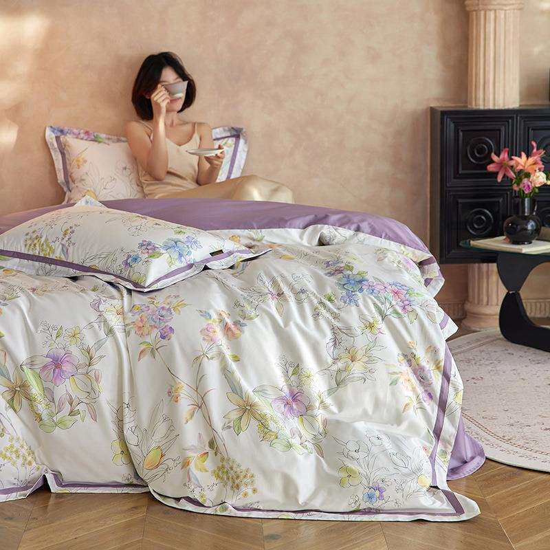 南通高档轻奢A类140S长绒棉纯棉印花四件套美式田园花卉床单被套