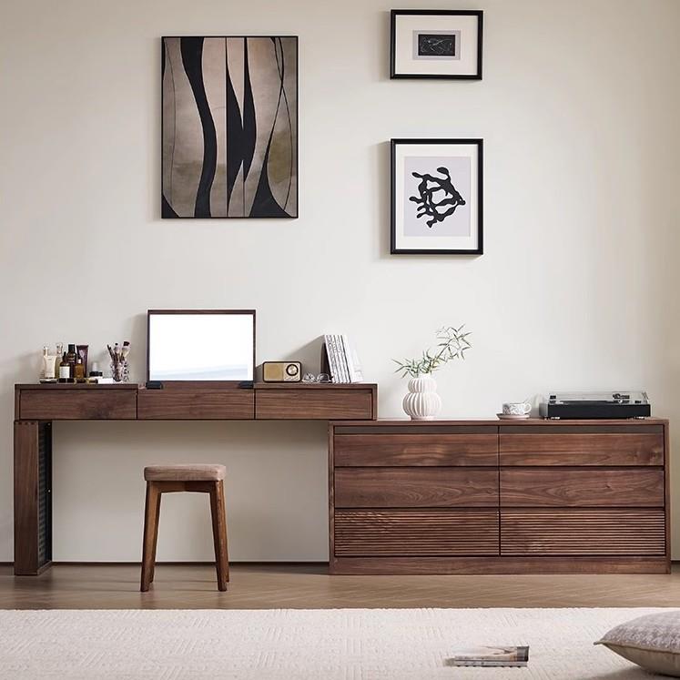 北美黑胡桃木全实木卧室梳妆台斗柜一体轻奢收纳柜化妆桌床尾斗柜