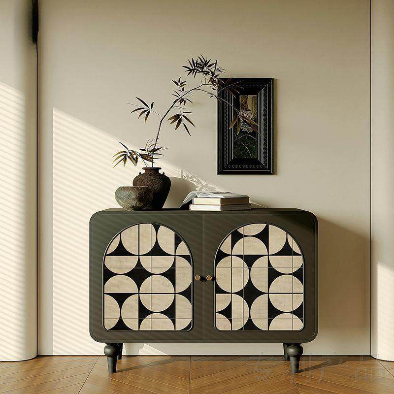 法式中古奶油风玄关柜客厅卧室实木彩绘收纳储物柜几何图案装饰柜