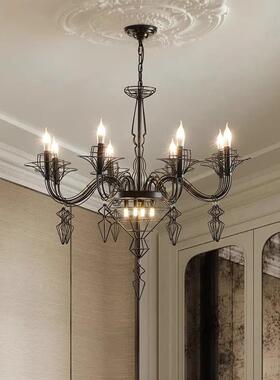法式复古客厅吊灯美式中古设计师黑色巴洛克蜡烛楼梯挑空中山灯具