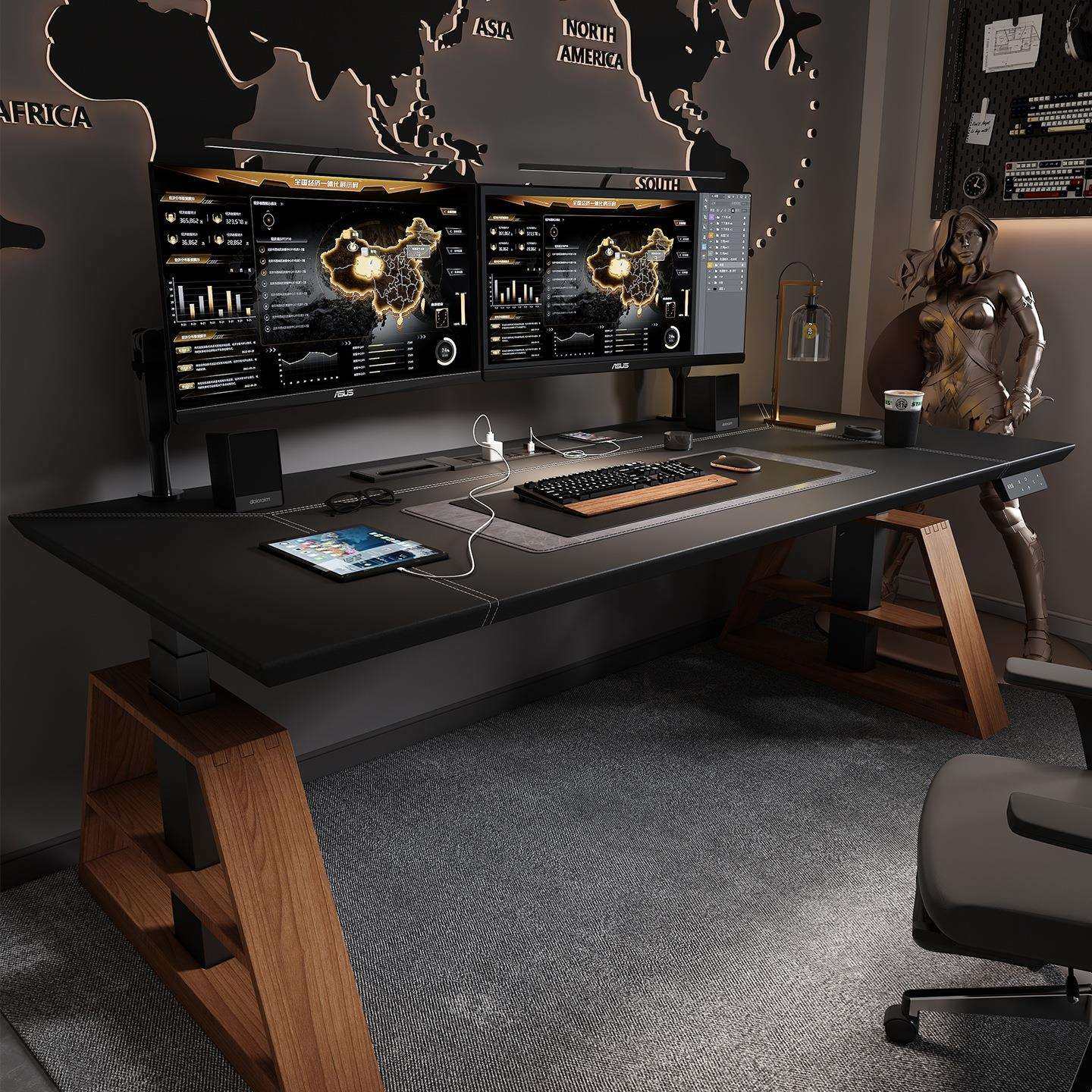 电动升降桌腿工作台家用电脑桌子升降马鞍皮岩板加长电竞办公书桌