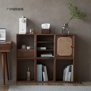 格子书柜自由组合方格黑胡桃实木书房客厅书架落地隔断收纳储物柜