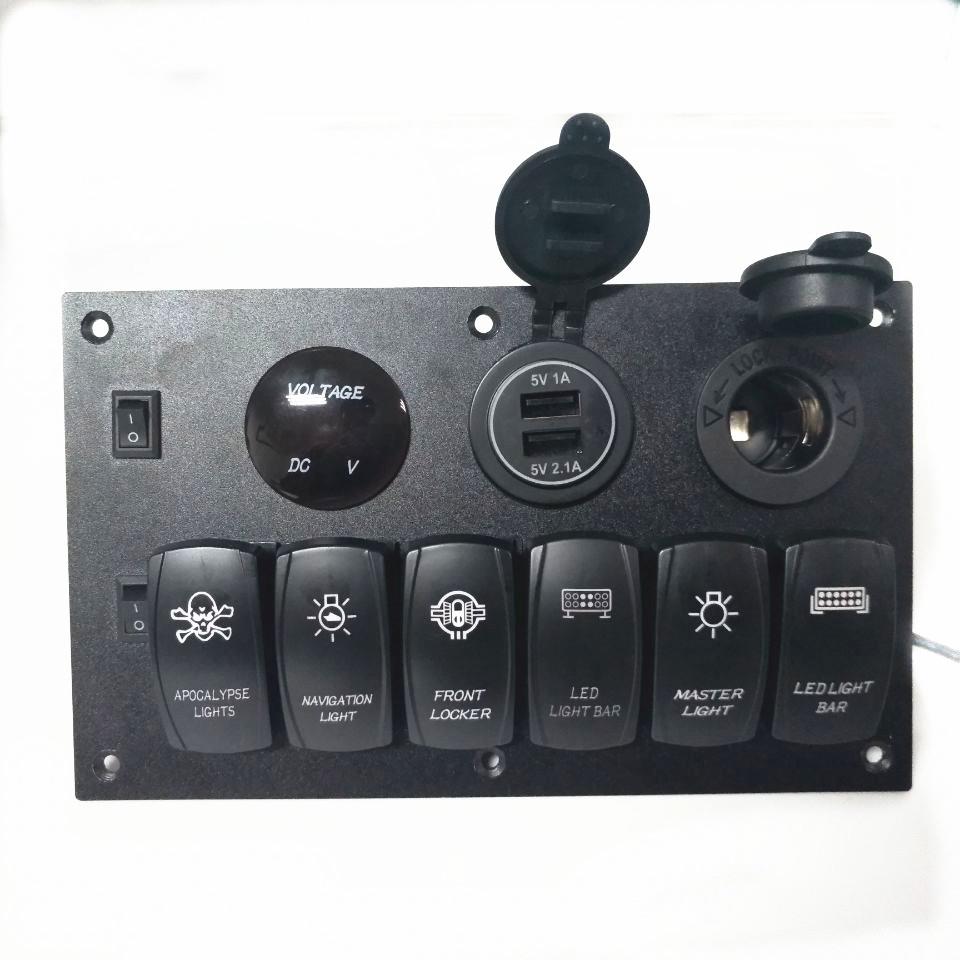 爆款六位面板开关6+3组合带车充USB口电压表小开关控制可关背光灯