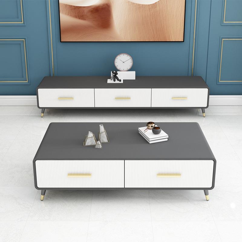 亮光岩板茶几电视柜组合轻奢简约现代家用小户型客厅实木抽屉地柜