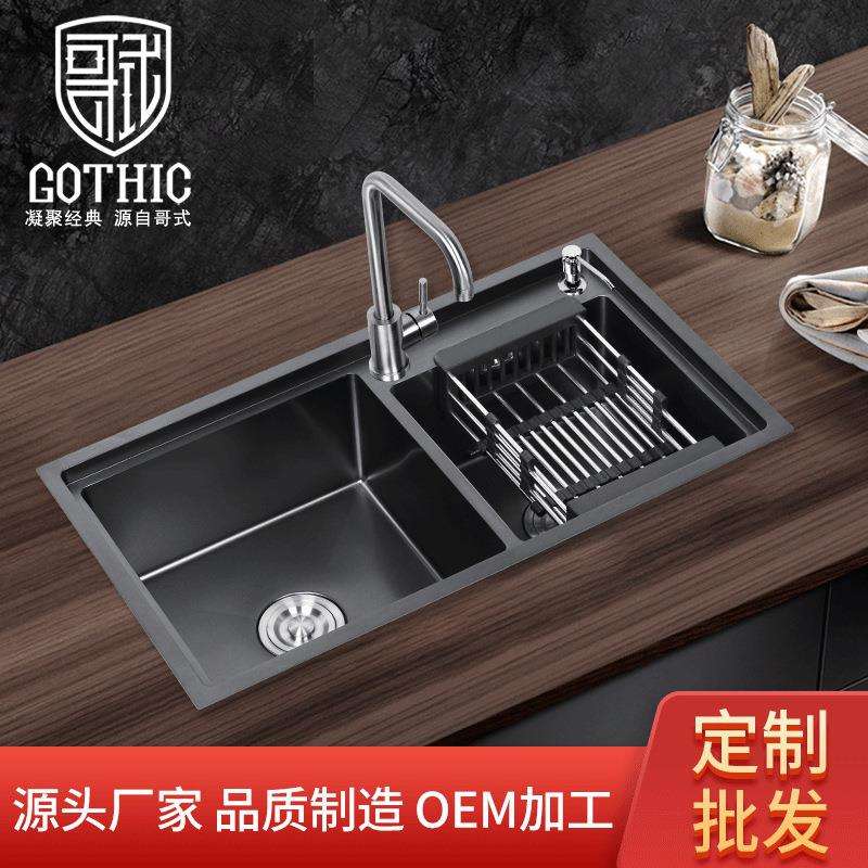 哥式现货一体成型黑色厨房双盆水槽8245T边304不锈钢水槽双槽