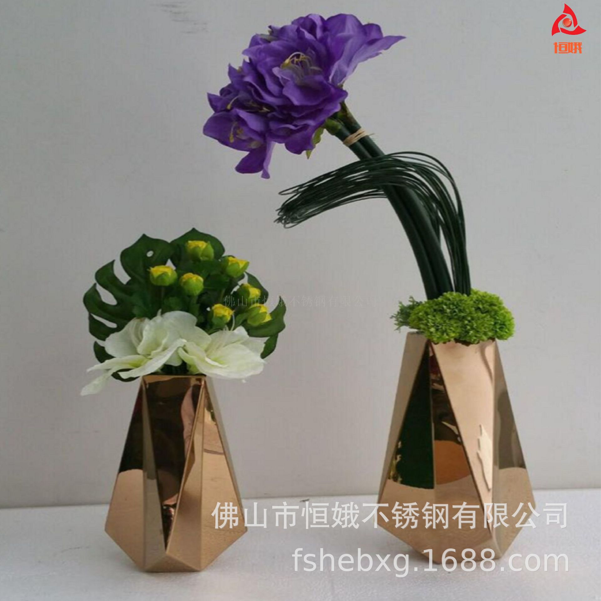 不锈钢玫瑰金镜面菱形桌面花瓶