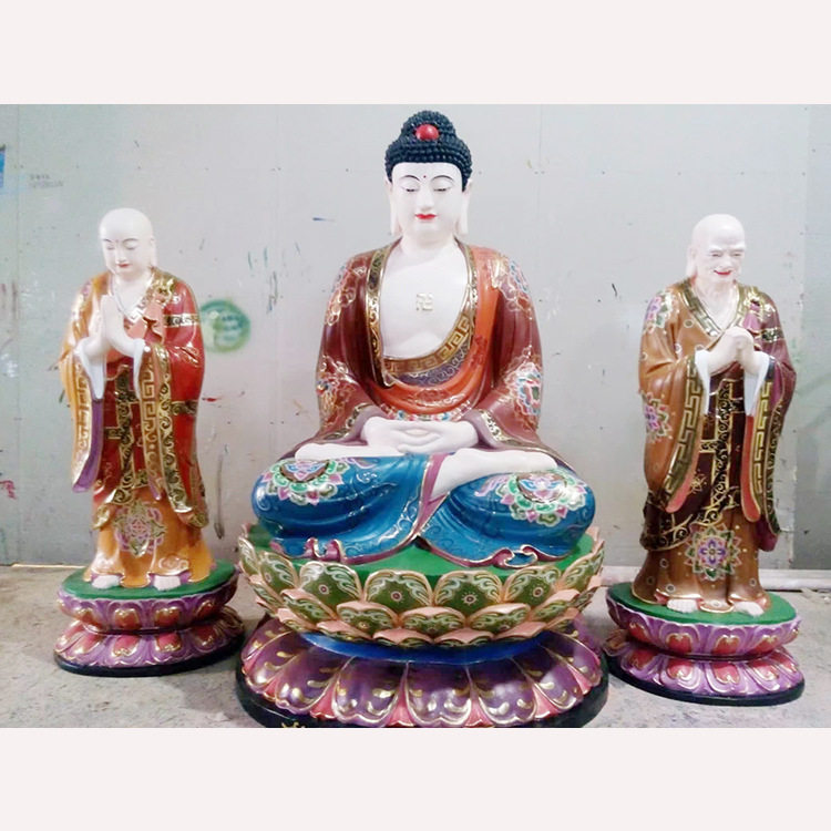 厂家直销寺院木雕铸铜一佛二弟子 玻璃钢贴金释迦佛阿难迦叶尊者