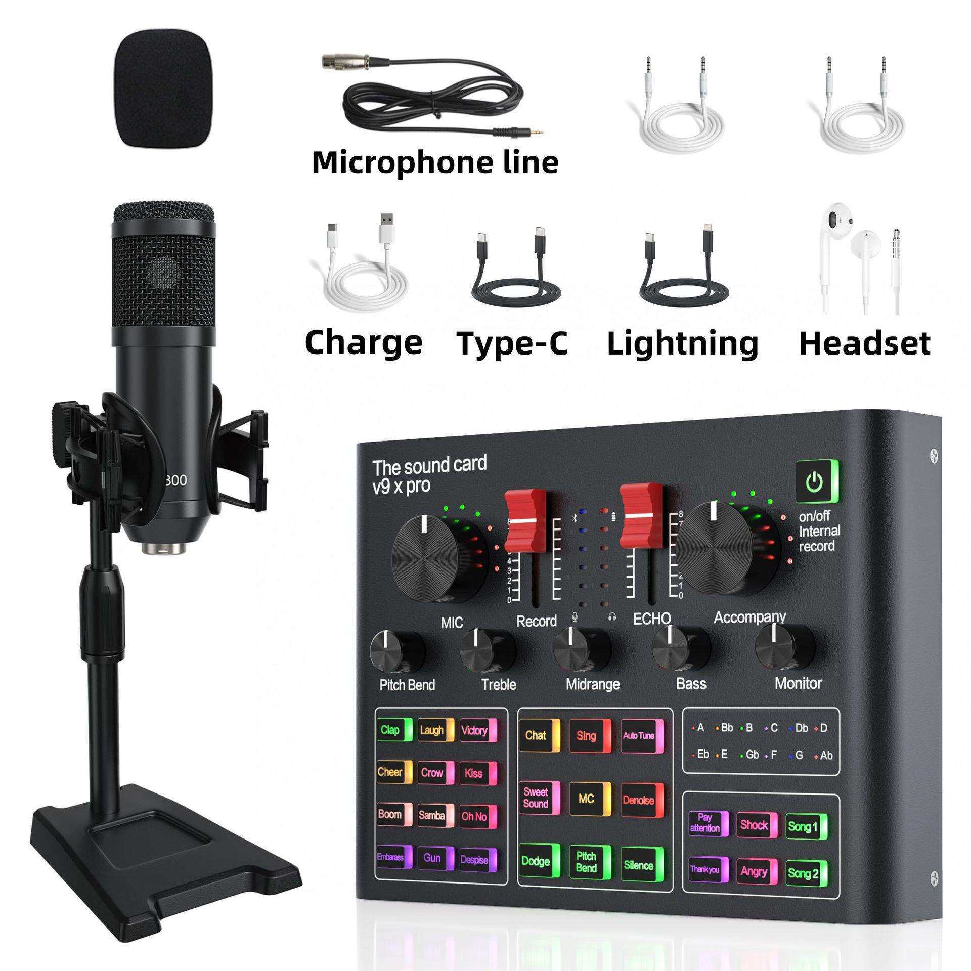 英文V9XPRO直播声卡全套装设备声卡直播唱歌专用电容麦克风