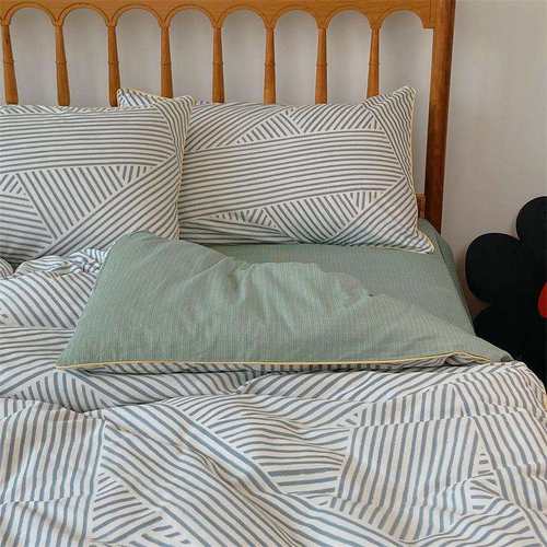 美式清新全棉纯棉嵌条四件套欧珑青橙网红款床单北欧风床笠被套