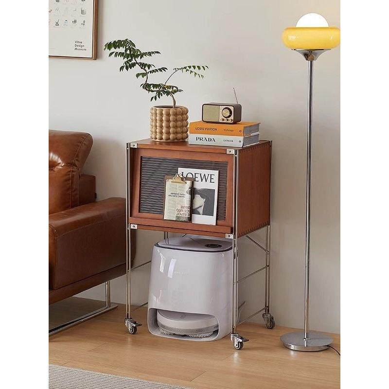 中古实木扫地机器人置物架移动置物柜复古客厅书柜边柜家政收纳柜