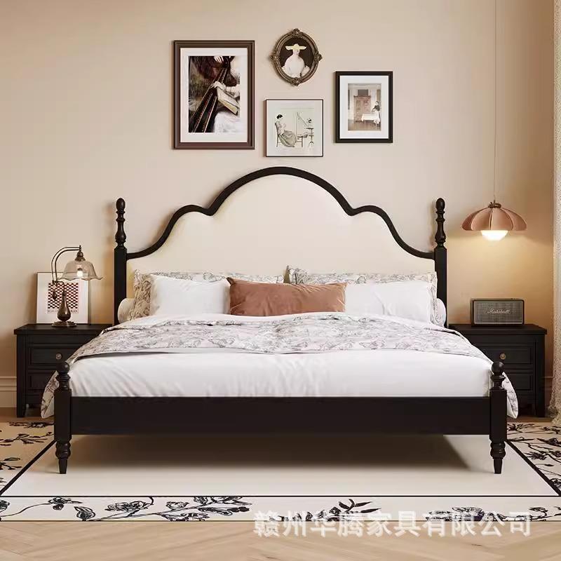 法式复古床实木1.5m软靠1米8双人床黑色中古风主卧室高端大气家具